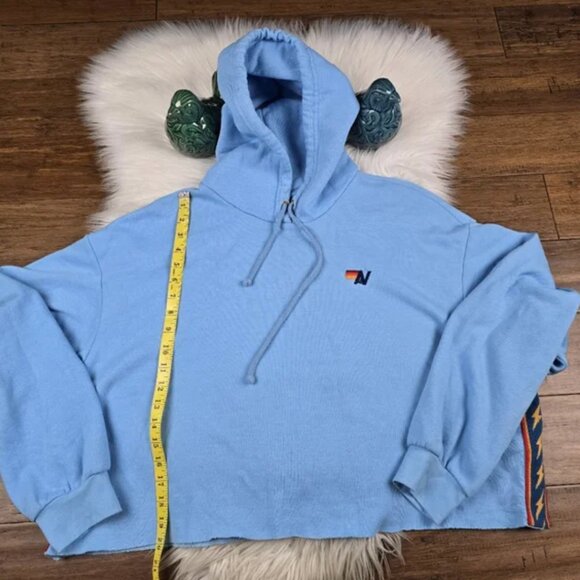 Aviator Nation Lightning Bolt Stripe Relaxed Cropped Pullover Hoodie in Sky Blue - Picture 6 of 12